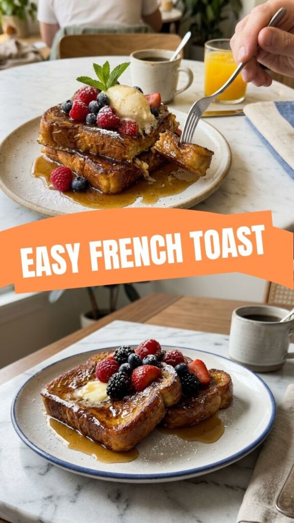 A stack of perfectly golden French toast, dusted with powdered sugar and berries