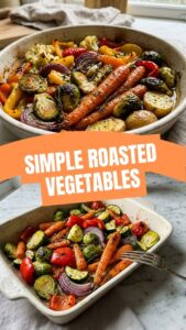 A colorful assortment of roasted vegetables on a baking sheet, seasoned and ready to serve.