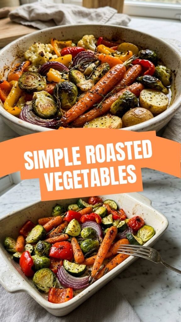 A colorful assortment of roasted vegetables on a baking sheet, seasoned and ready to serve.