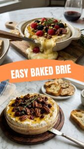 A round of baked brie cheese, warm and melted, ready to serve.