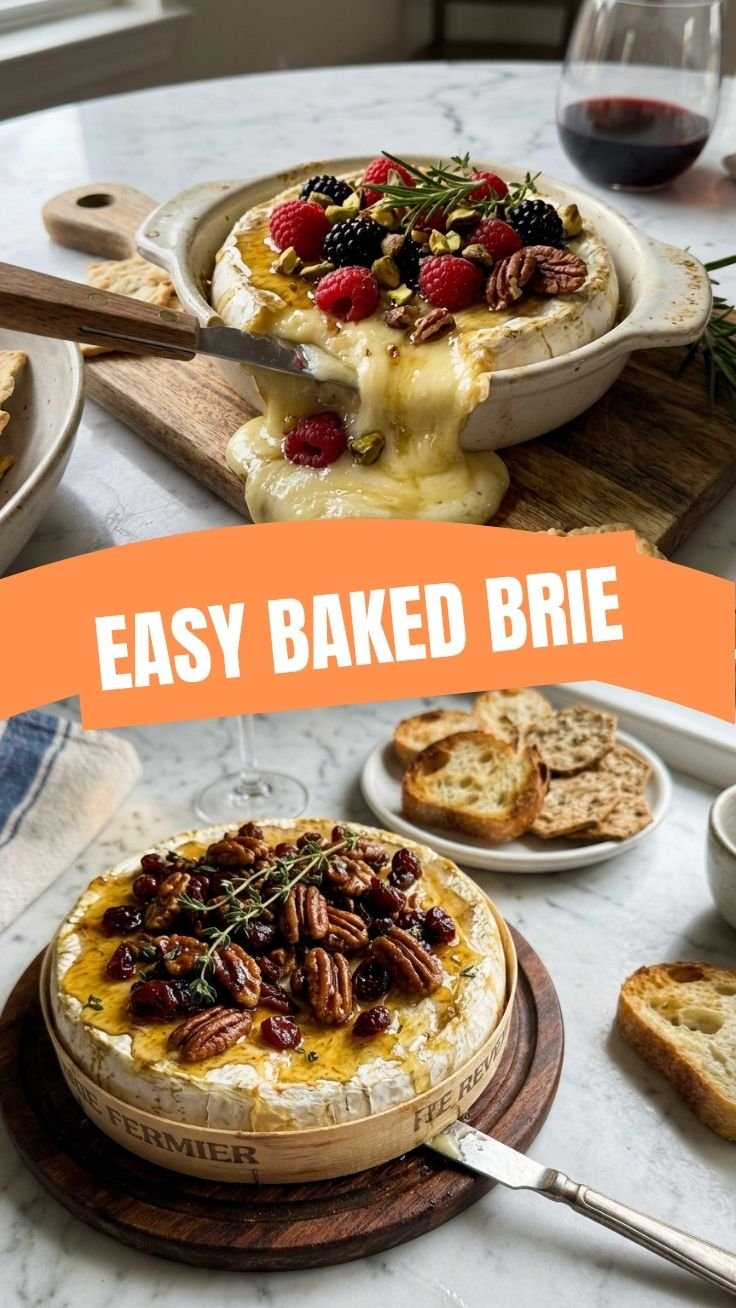 Golden flaky baked brie with honey and nuts on a serving board