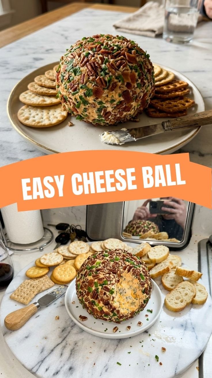 Savory cheese ball garnished with fresh herbs and nuts