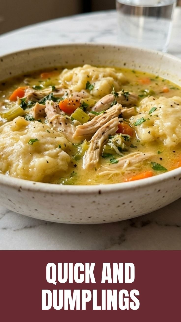 A close-up shot of a bowl of creamy chicken and dumplings with visible herbs and vegetables.