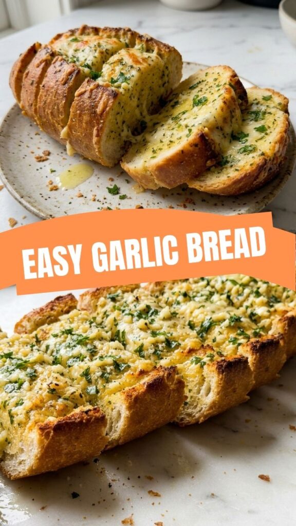 Freshly baked garlic bread, golden brown and glistening with butter