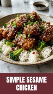 A serving of savory sesame chicken with a golden-brown glaze