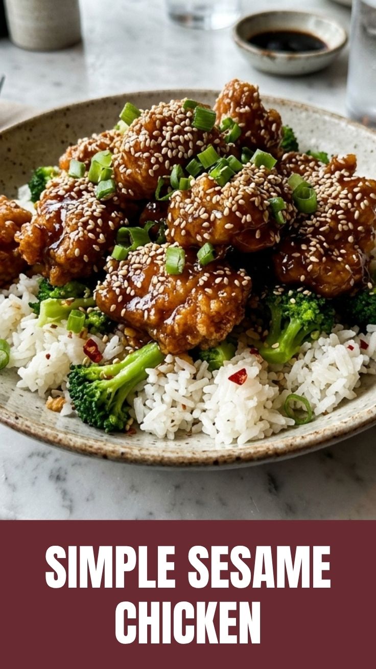 A serving of savory sesame chicken with a golden-brown glaze