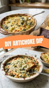 A hot, bubbly spinach artichoke dip served in a rustic bowl.