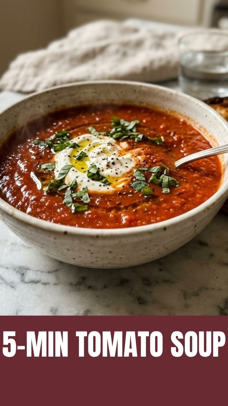 Steaming bowl of homemade tomato soup with fresh basil garnish