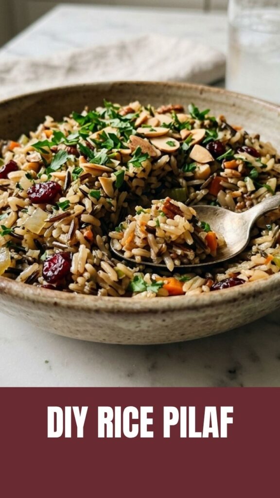 A delicious bowl of wild rice pilaf with herbs and vegetables.